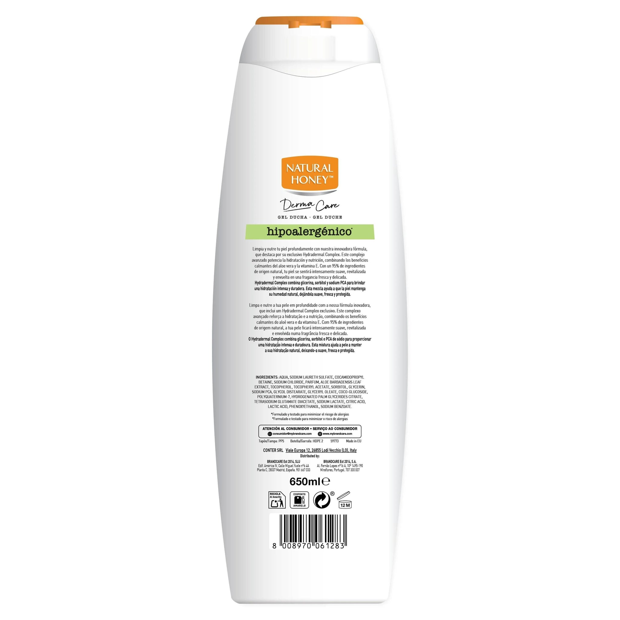 Natural Honey, Gel de Ducha Hipoalergénico con Aloe Vera, Vitamina E y Hydradermal Complex, Hidratante y Calmante para una Piel Suave y Revitalizada, Fragancia Fresca, Línea Derma Care, 650 ml