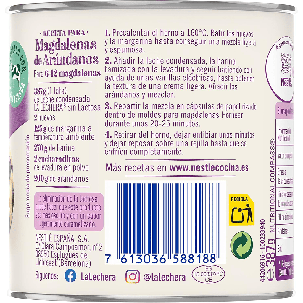 NESTLÉ LA LECHERA Leche Condensada Desnatada Sin Lactosa, Lata de 387g