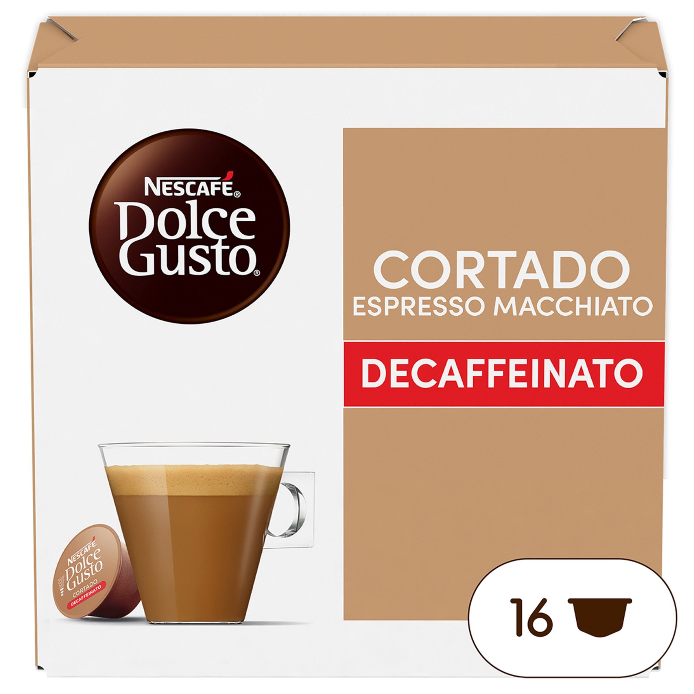 Nescafé Dolce Gusto, Cortado Espresso Macchiato Descafeinado, Intensidad 8, Intenso y Tostado, 16/48 Cápsulas