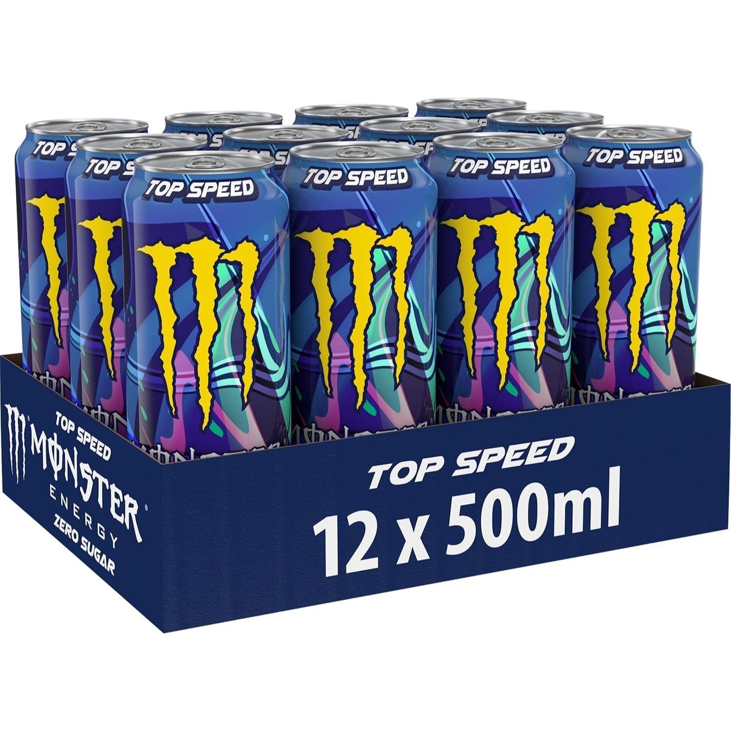 MONSTER ENERGY Top Speed Lewis Hamilton Bebida Energética Sabor Melocotón y Frutas Tropicales, Sin Azúcar, 12 Latas de 500ml