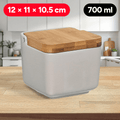 Salero Cocina con Tapa, Hecho de Cerámica y Madera, Capacidad de 700ml, Recipiente para Especias y Aliños, Natural, 12 x 11 x 10,5 cm