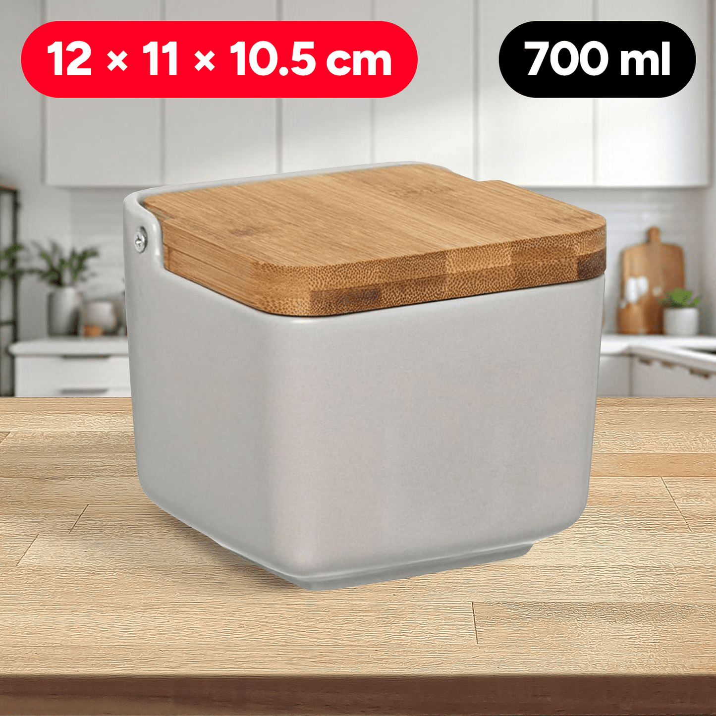 Salero Cocina con Tapa, Hecho de Cerámica y Madera, Capacidad de 700ml, Recipiente para Especias y Aliños, Natural, 12 x 11 x 10,5 cm