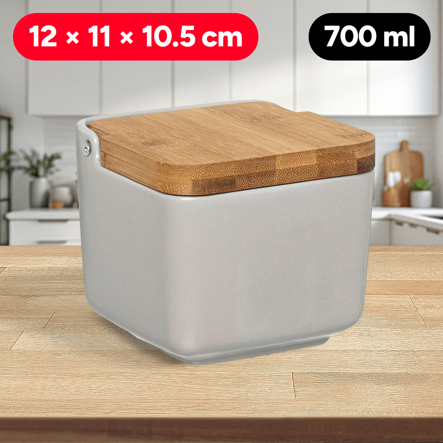 Salero Cocina con Tapa, Hecho de Cerámica y Madera, Capacidad de 700ml, Recipiente para Especias y Aliños, Natural, 12 x 11 x 10,5 cm