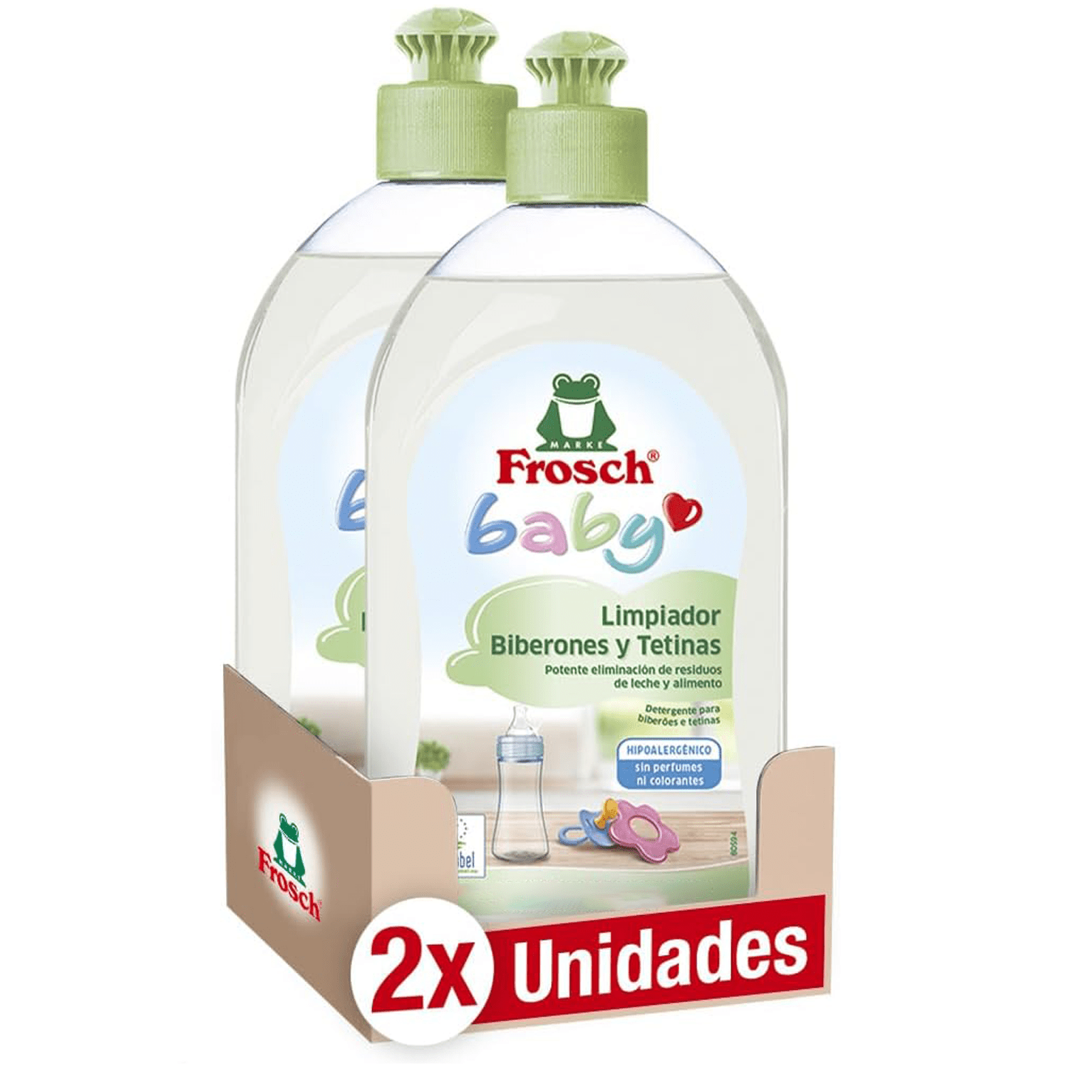 Frosch Limpiador de Biberones y Tetinas, Elimina Restos de Leche y Comida, Producto Hipoalergénico, Pack de 2 Unidades x 500 ml, 1L en Total