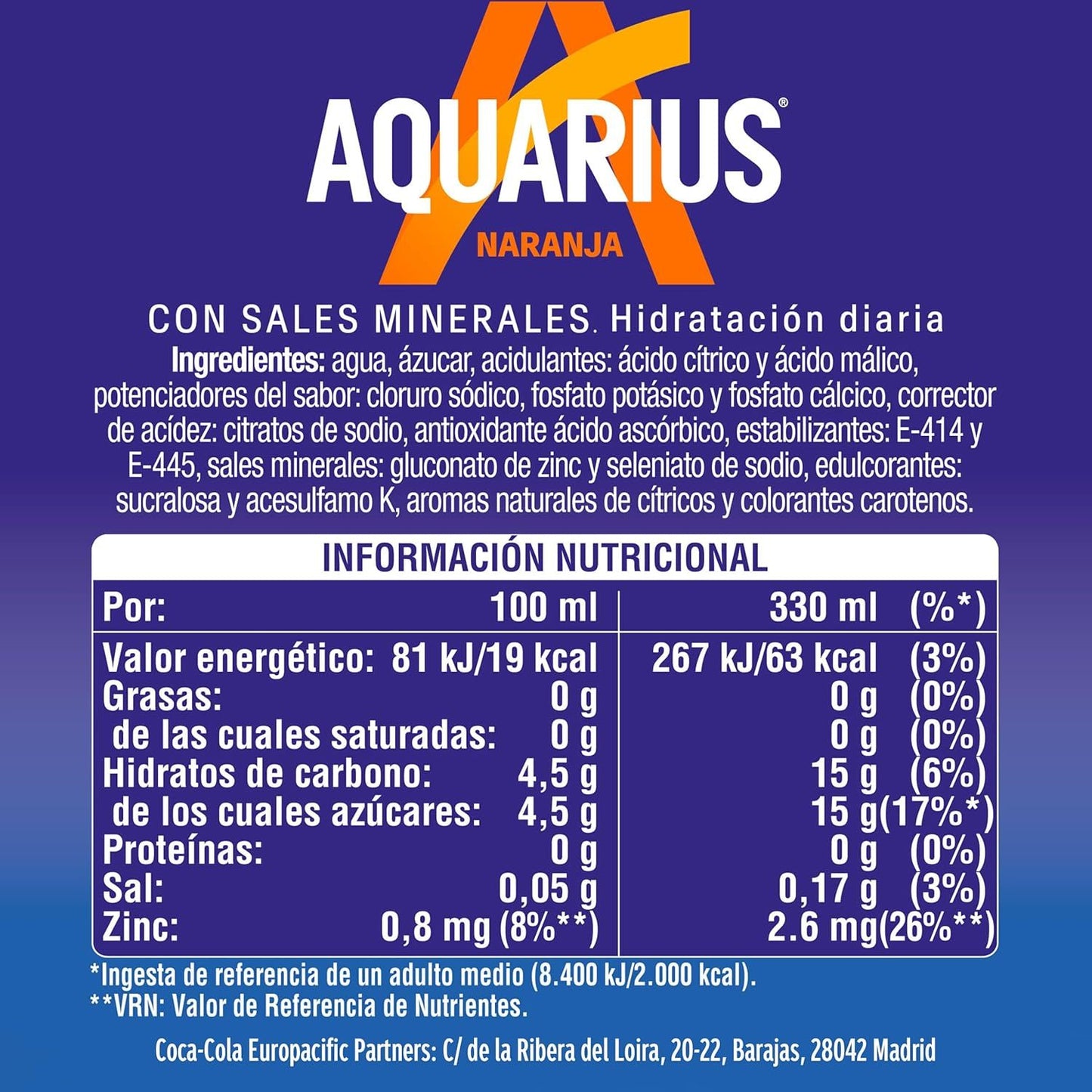 AQUARIUS Naranja, Bebida Hidratante con Sales Minerales, Baja en Calorías, Bebida Isotónica Sabor Naranja, Pack de 24 Latas de 330ml