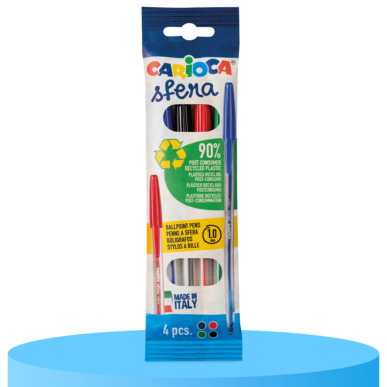 CARIOCA Sfera Pack 4 Boligrafos de Colores, Tinta Azul, Negro, Rojo y Verde, Bolígrafos de Bola 1mm, Secado Rápido y Agarre Cómodo