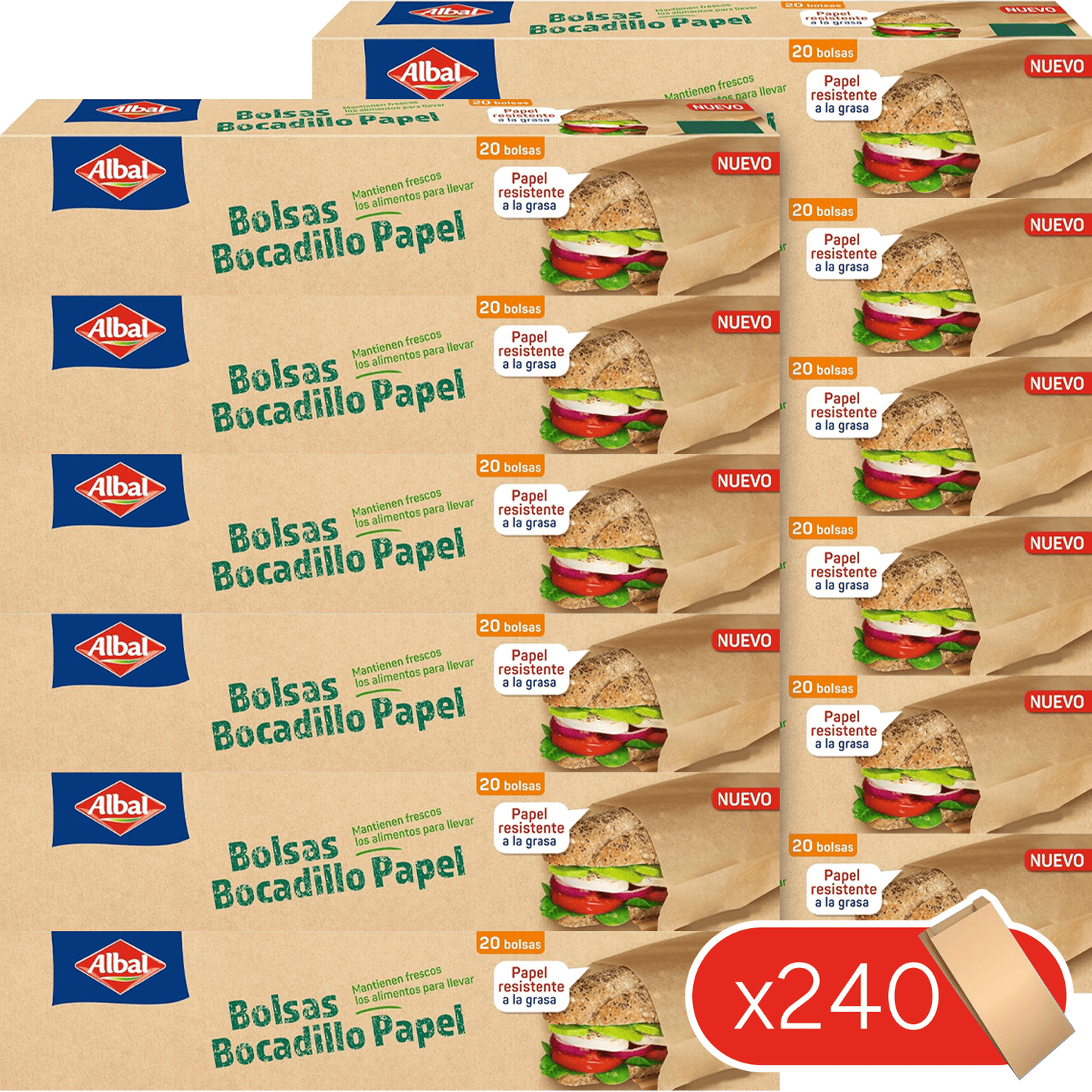 Albal Bolsas de Papel para Bocadillos, Papel Antigrasa, Duraderas y Confiables, Mantiene los Bocadillos y Sandwiches Frescos Durante más Tiempo, Bolsas Kraft de 27x12x5cm, 120/240 Bolsas