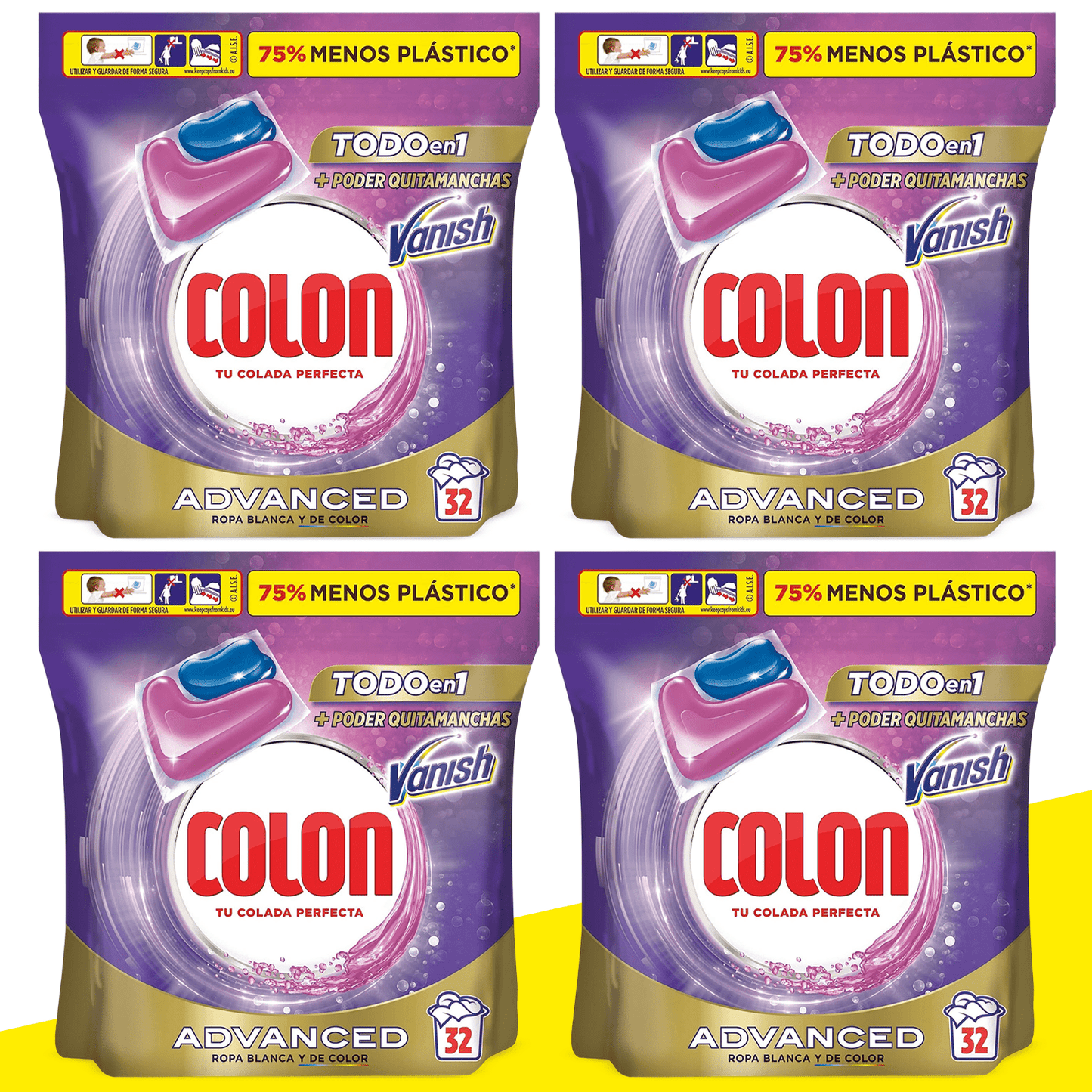 COLON Detergente para Lavadora en Cápsulas Vanish Todo en 1, Alto Podert Quitamanchas, Para Ropa Blanca y de Color, 32 Capsulas por Paquete