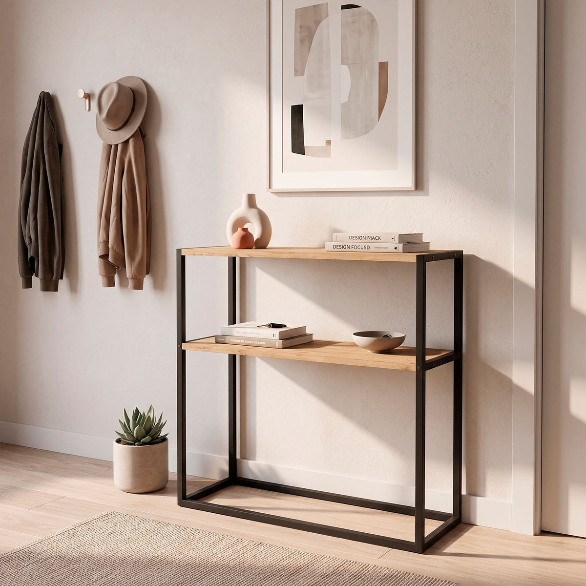 Consola de Diseño Industrial de 2 Estantes, Mesa Auxiliar para Entrada, Salón y Recibidor, Diseño Funcional con Espacio de Almacenamiento y Acabado Madera, 90 x 34 x 90 cm