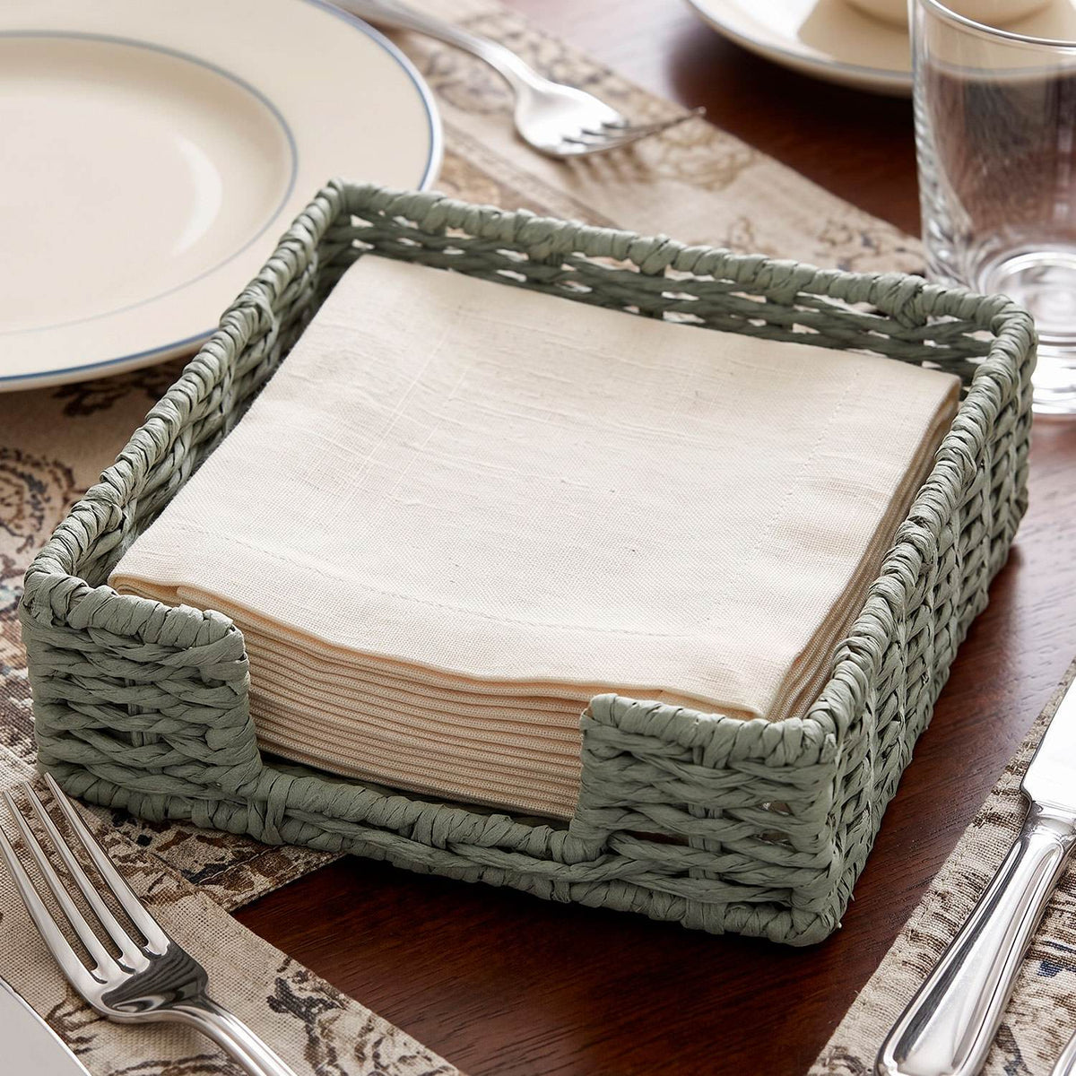 Servilletero de Mesa Tejido, para Organizar Servilletas en Cocina y Comedor, Diseño Decorativo de Estilo Natural, Color Gris, 18 x 18 x 5 cm