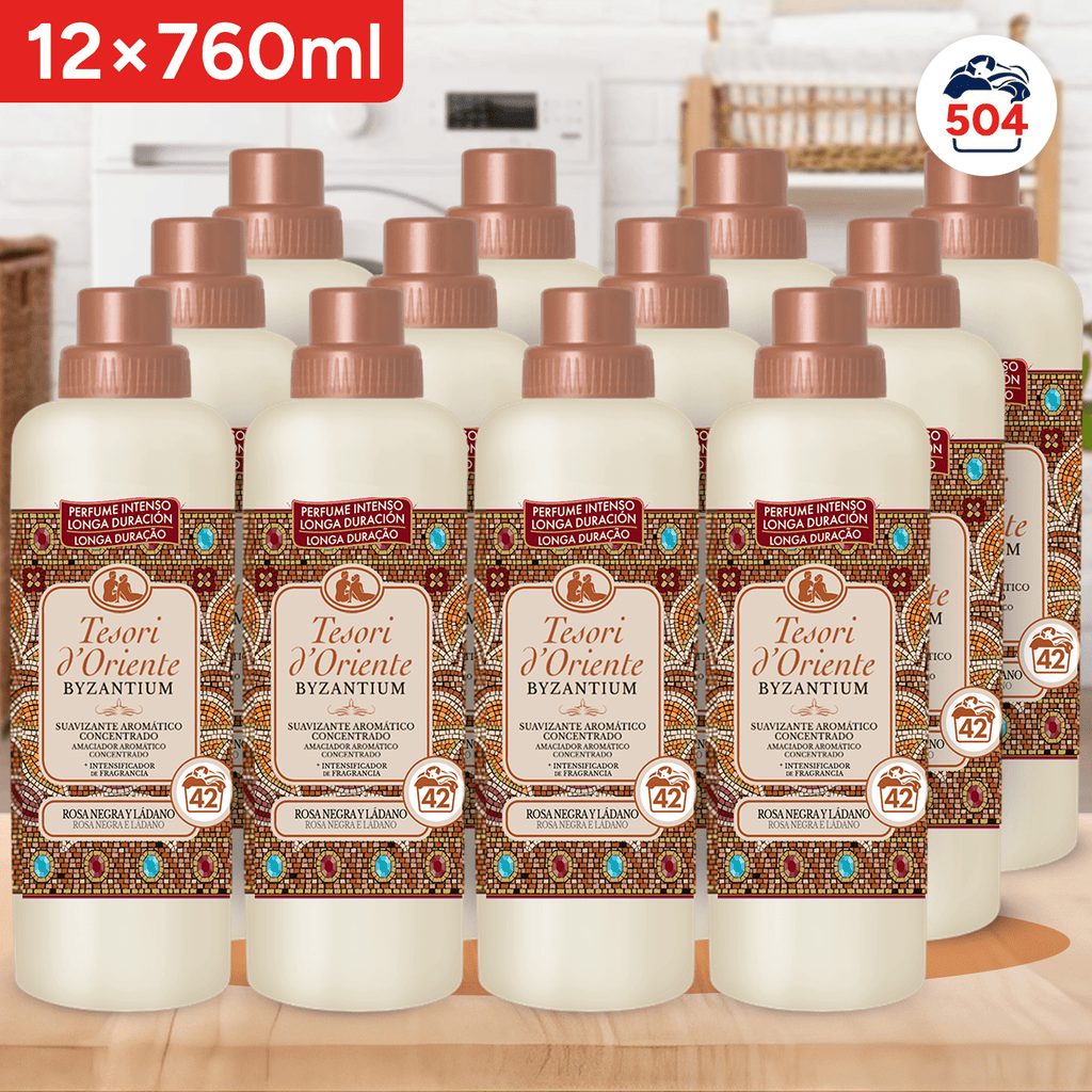 Tesori d'Oriente, Perfumador y Suavizante de Ropa Líquido Aromático Concentrado Byzantium, Aroma Intenso de Rosa Negra y Ládano, Microcápsulas para Fragancia Duradera, Facilita el Planchado, 760ml - 42 Lavados por Botella