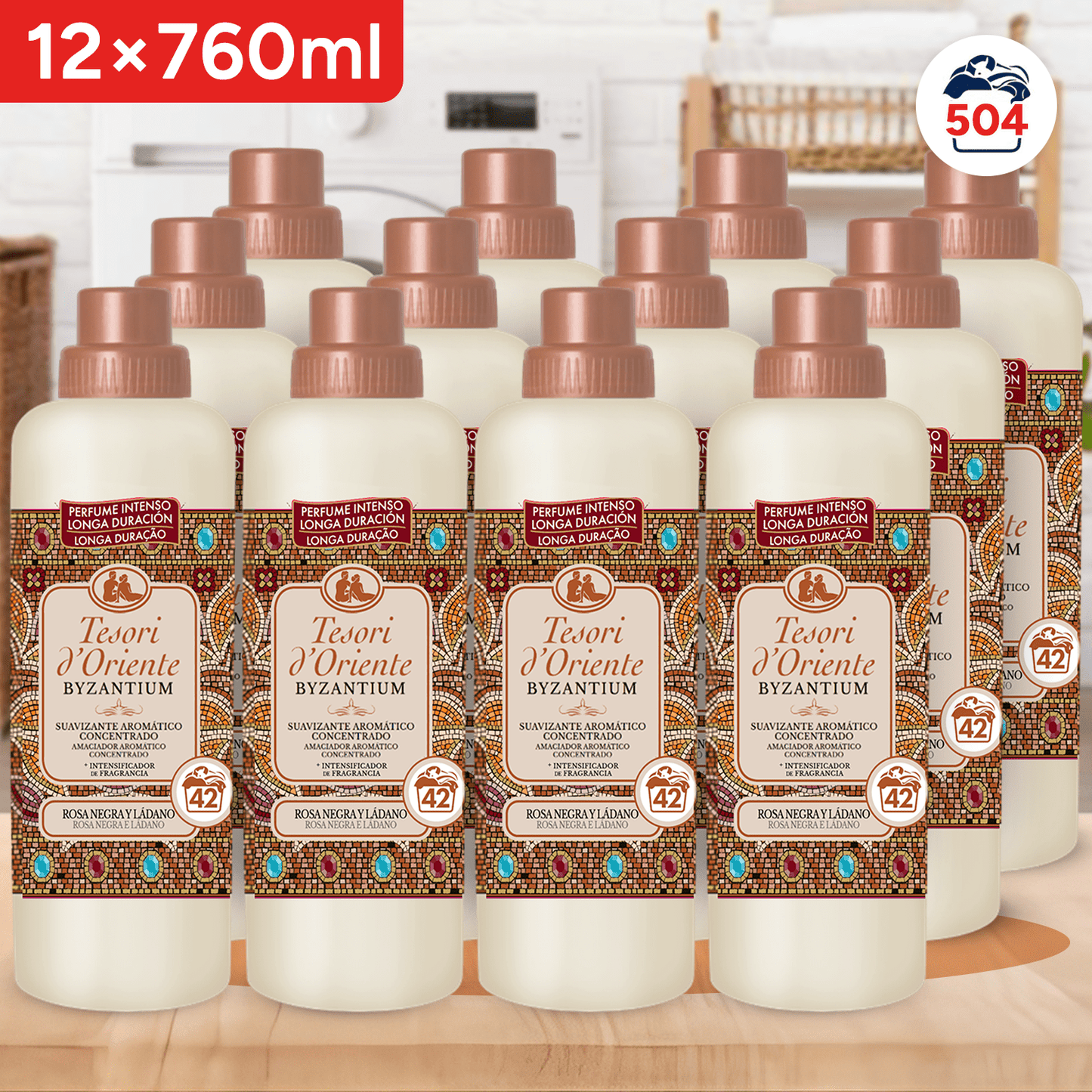 Tesori d'Oriente, Perfumador y Suavizante de Ropa Líquido Aromático Concentrado Byzantium, Aroma Intenso de Rosa Negra y Ládano, Microcápsulas para Fragancia Duradera, Facilita el Planchado, 760ml - 42 Lavados por Botella