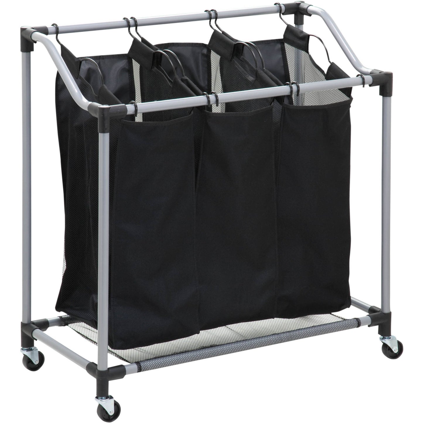 Carrito Lavandería con Robusta Estructura de Acero y 3 Bolsas de Tejido de Malla Transpirable Extraíbles, Ruedas para Fácil Transporte, Medidas de16,5 X 10,3 X 73,6 cm