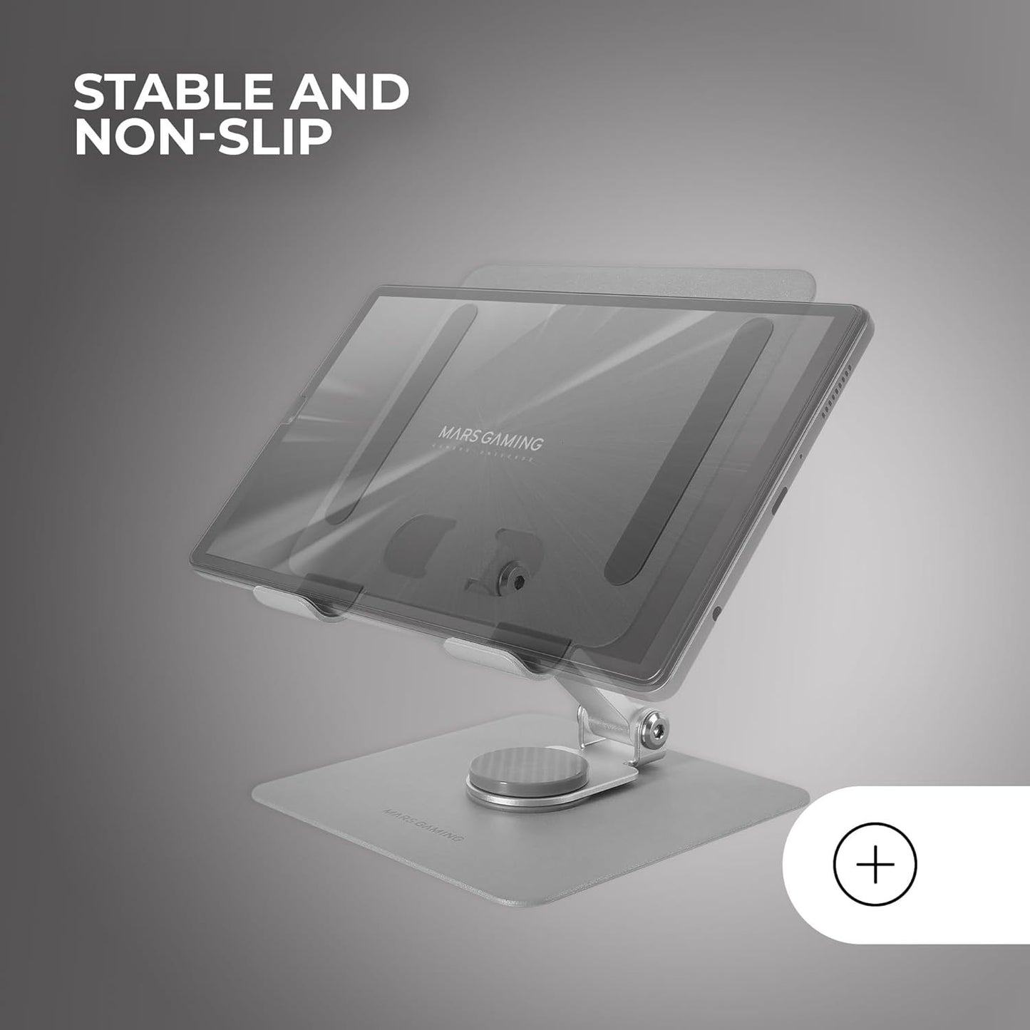 Mars Gaming MA-RST, Soporte para Tablet y Convertibles 2en1 hasta 13", Giratorio 360º + Ajustable en Altura y Ángulo 180º, Soporte Tablet Plegable de Acero Liviano, Antideslizante, Gris Plateado