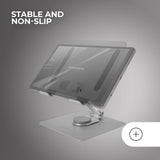 Mars Gaming MA-RST, Soporte para Tablet y Convertibles 2en1 hasta 13", Giratorio 360º + Ajustable en Altura y Ángulo 180º, Soporte Tablet Plegable de Acero Liviano, Antideslizante, Gris Plateado