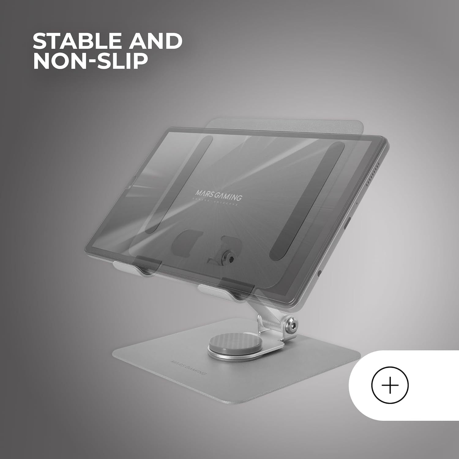 Mars Gaming MA-RST, Soporte para Tablet y Convertibles 2en1 hasta 13", Giratorio 360º + Ajustable en Altura y Ángulo 180º, Soporte Tablet Plegable de Acero Liviano, Antideslizante, Gris Plateado