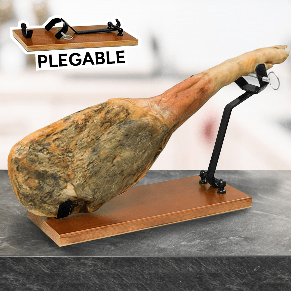 Jamonero Plegable, Jamonero Profesional, Soporte Jamonero de Madera de Pino de Alta Resistencia, Herrajes de Hierro Negro y Pinchos de Acero Inoxidable, Base Antideslizante, Soporte para Jamon, 52 x 16.8 x 29 cm