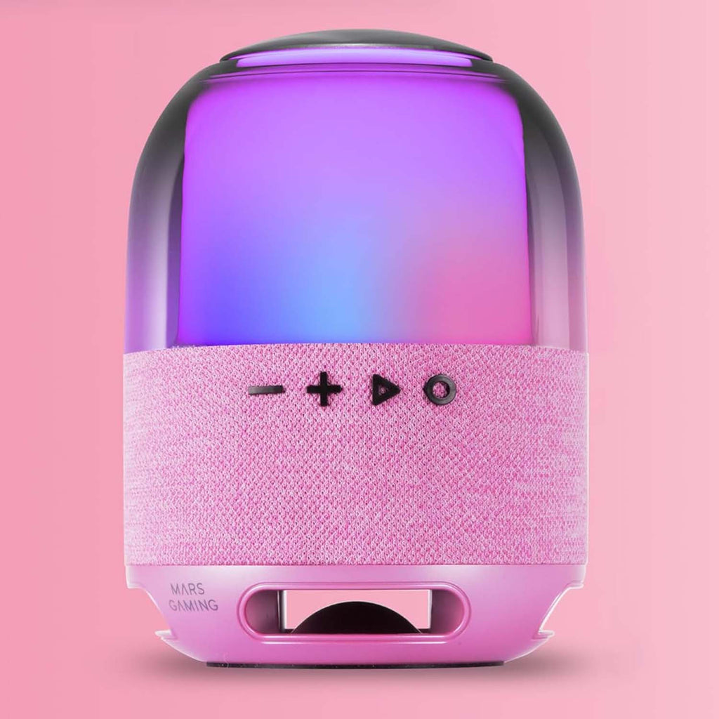 Mars Gaming MS-Flow, Altavoz Portátil Bluetooth 15W, Iluminación Orbilight RGB 360°, Sonido Potente con Driver DeepBass 57mm, Altavoz Gaming Compacto con Bluetooth 5.3 y MicroSD, Rosa