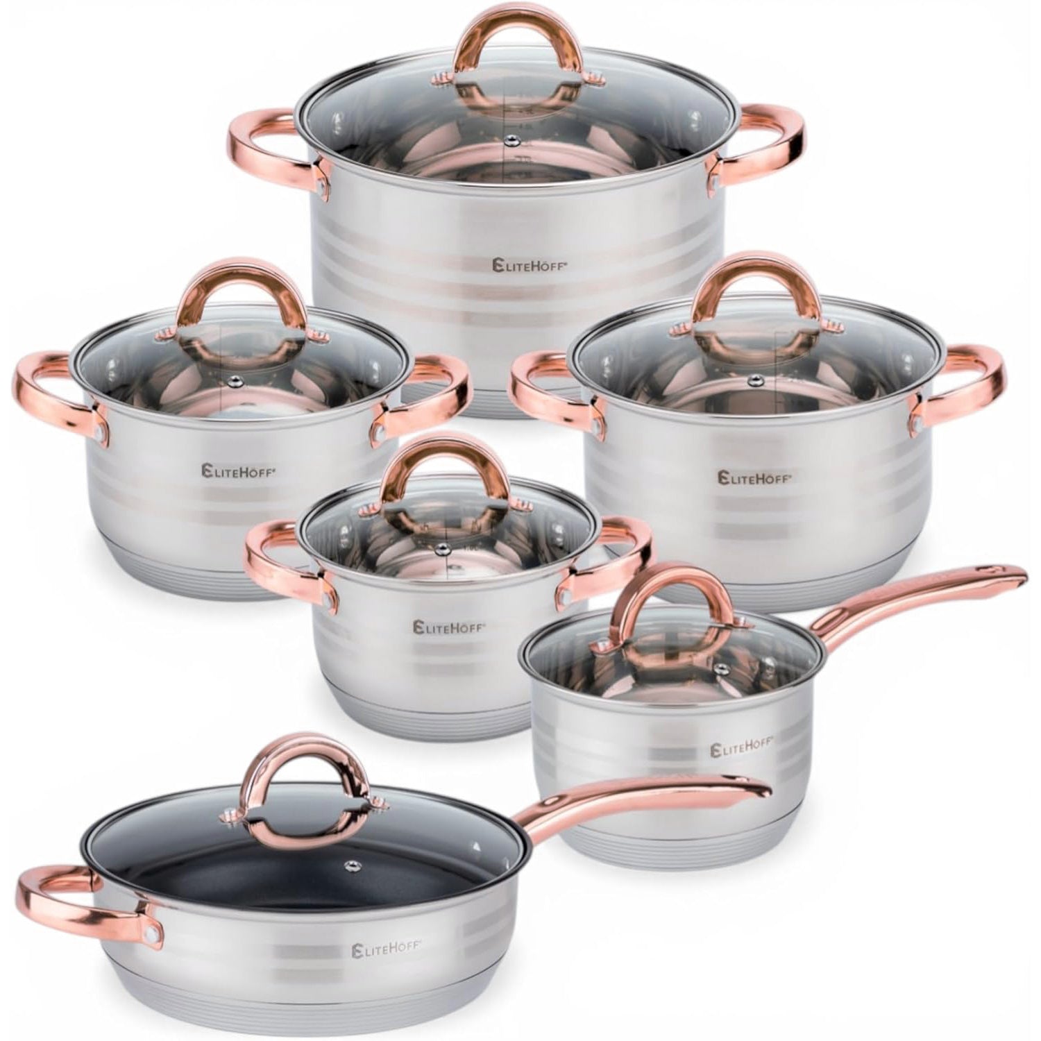 Batería de Cocina 12 Piezas, Juego de Ollas, Cazo y Sartén de Acero Inoxidable, Tapas Incluidas, Apto para Lavavajillas, Apto para Cocina Eléctrica, Gas, Vitrocerámica e Inducción