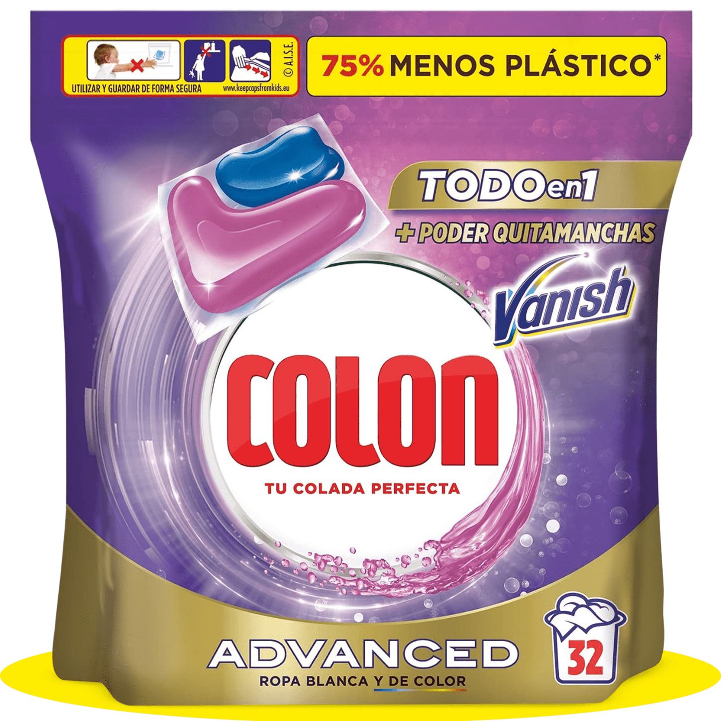 COLON Detergente para Lavadora en Cápsulas Vanish Todo en 1, Alto Podert Quitamanchas, Para Ropa Blanca y de Color, 32 Capsulas por Paquete