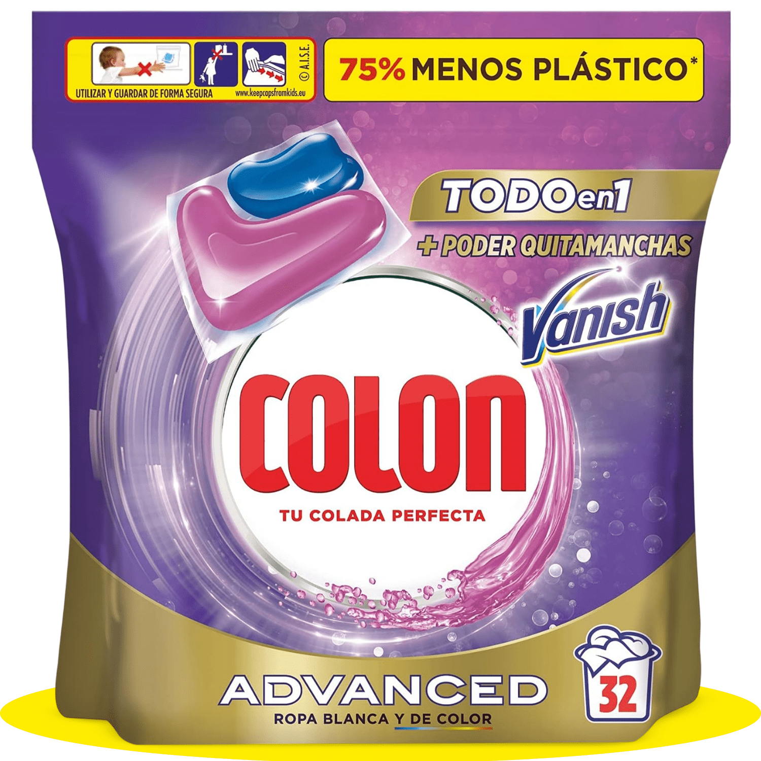 COLON Detergente para Lavadora en Cápsulas Vanish Todo en 1, Alto Podert Quitamanchas, Para Ropa Blanca y de Color, 32 Capsulas por Paquete
