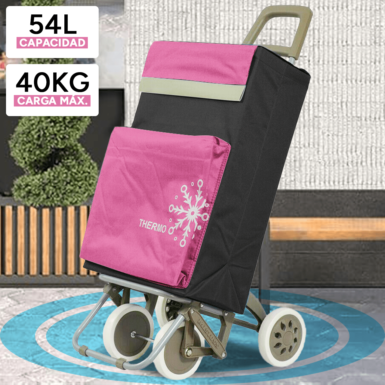 Carro Compra Plegable con Bolsillo Térmico para Congelados, Carro Plegable con Ruedas, Bolsillo Trasero con Cremallera, 2 Compartimentos Extra en Total, Con Capacidad de hasta 54 Litros y 40 Kg de Carga Máxima