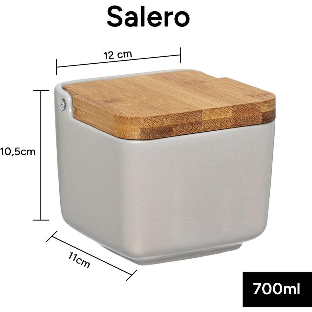 Salero Cocina con Tapa, Hecho de Cerámica y Madera, Capacidad de 700ml, Recipiente para Especias y Aliños, Natural, 12 x 11 x 10,5 cm