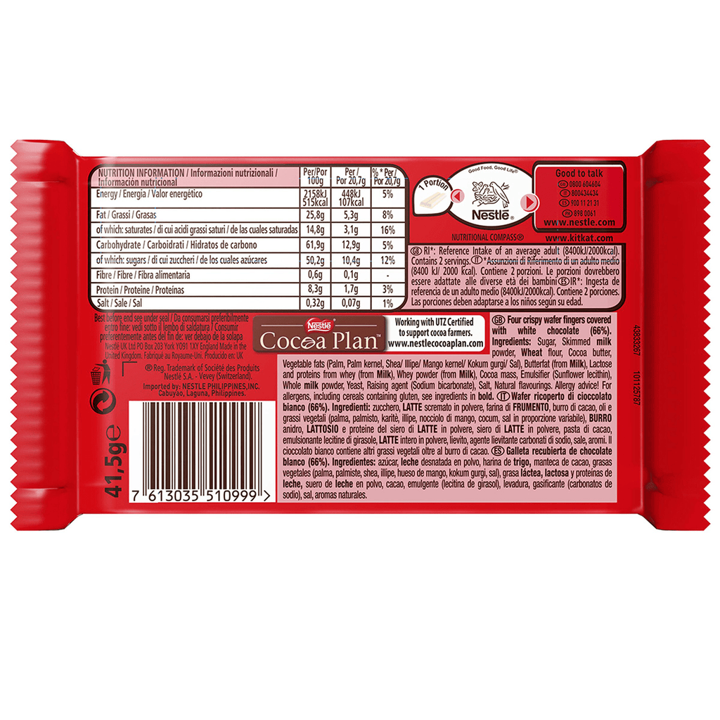 Nestlé KITKAT Barritas de Chocolate Blanco, Snack de Chocolate, Pack Ahorro de 24 Barras de 41,5g