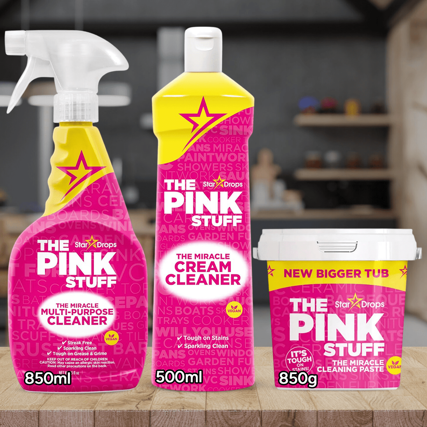 The Pink Stuff Pack Completo para Limpieza Hogar, Limpiador Profundo Multiusos, Ideal para Limpiar la Suciedad Persistente, Grasa y Mugre, Pasta Limpiadora 850g, Crema Limpiadora 500ml, Spray Limpiador 850ml