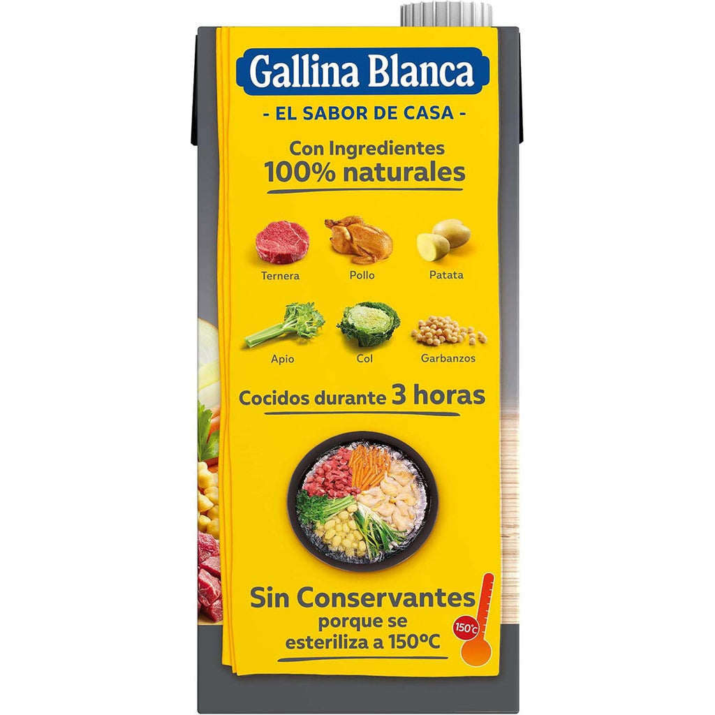 GALLINA BLANCA Caldo Casero de Cocido 100% Natural, Elaborado con Pollo Fresco, Ternera, Garbanzos y Verduras de la Huerta, Cocinado a Fuego Lento. Sin Gluten, Sin Conservantes, 1L por Brick