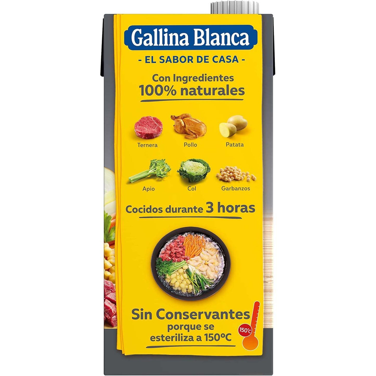 GALLINA BLANCA Caldo Casero de Cocido 100% Natural, Elaborado con Pollo Fresco, Ternera, Garbanzos y Verduras de la Huerta, Cocinado a Fuego Lento. Sin Gluten, Sin Conservantes, 1L por Brick