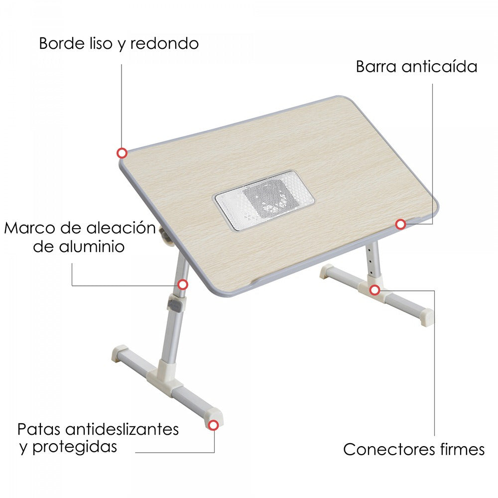 Mesa para Portátil Plegable con Ventilador, 5 Niveles de Altura y Ángulo del Tablero Ajustable, Ventilador USB para Optimizar Rendimiento del Portátil, Borde Antideslizamiento, Ideal para cualquier Espacio, 60 x 23 x 24-32 cm