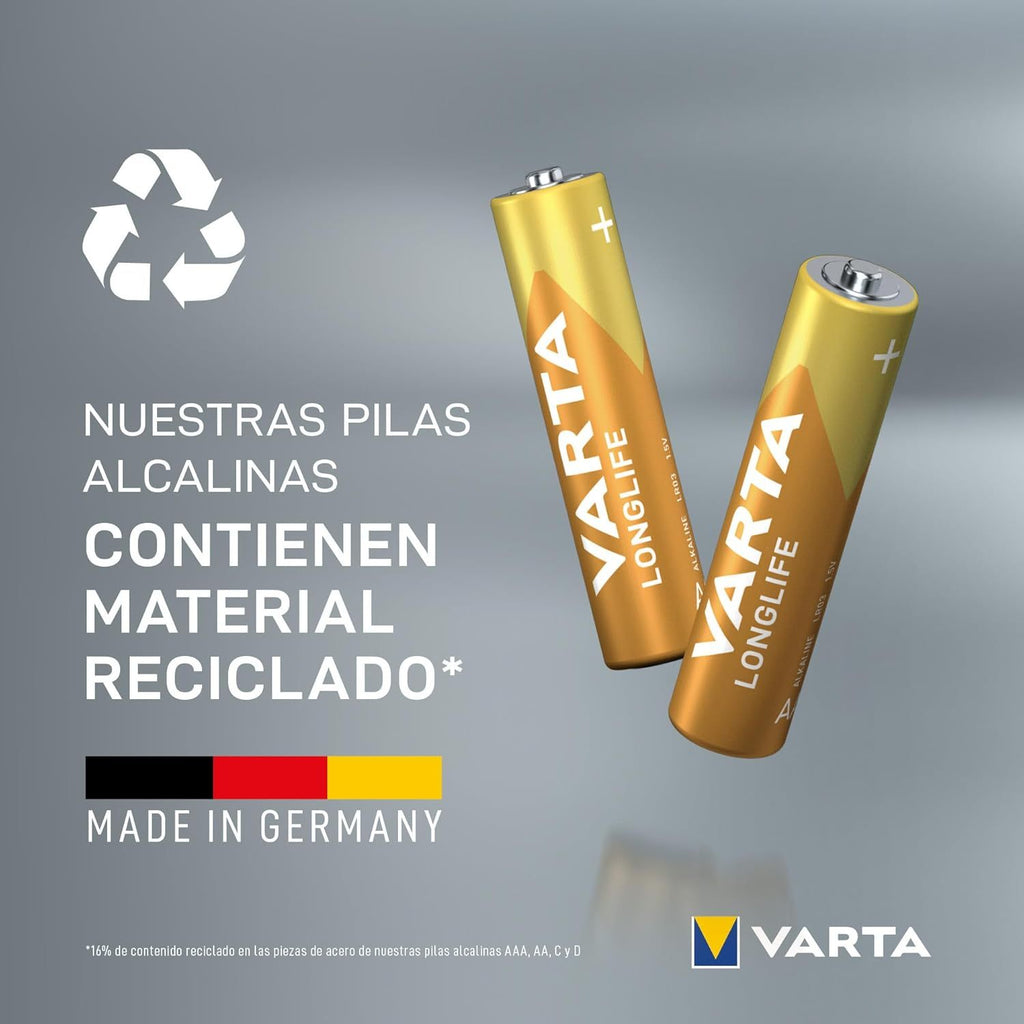 Pilas AAA Alcalinas de Alto Rendimiento, VARTA Longlife, Ultra Larga Duración, Energía Continua, Ideal para Controles Remotos, Juguetes Electrónicos, Linternas, Lámparas, Relojes, Cámaras y Otros Dispositivos de Uso Diario - VARTA