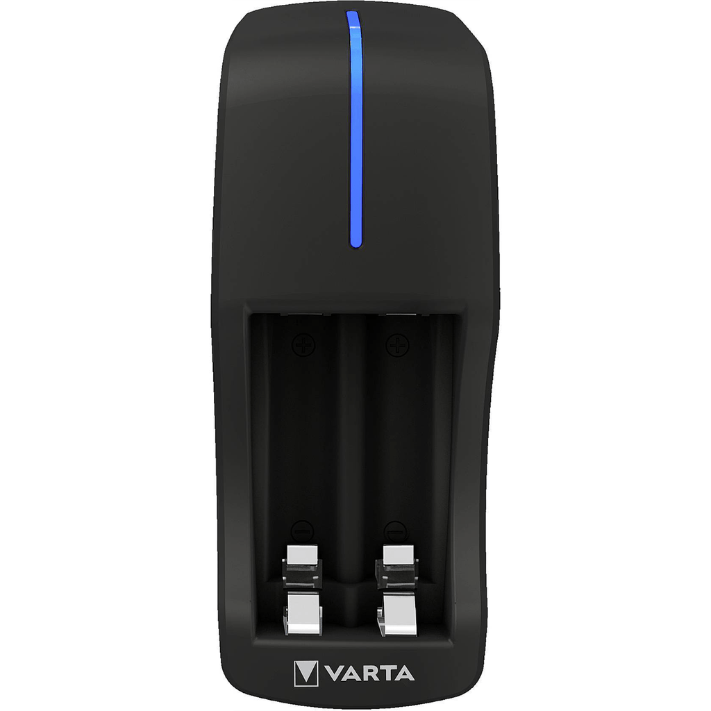 VARTA Cargador Pilas Recargables AA y AAA, Carga Hasta 2 Pilas Simultáneamente, Incluye 2 Pilas Recargables AA de 2100mAh, Sistema de Seguridad Anti sobrecarga, Tamaño Compacto Fácil de Llevar o Guardar