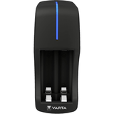 VARTA Cargador Pilas Recargables AA y AAA, Carga Hasta 2 Pilas Simultáneamente, Incluye 2 Pilas Recargables AA de 2100mAh, Sistema de Seguridad Anti sobrecarga, Tamaño Compacto Fácil de Llevar o Guardar