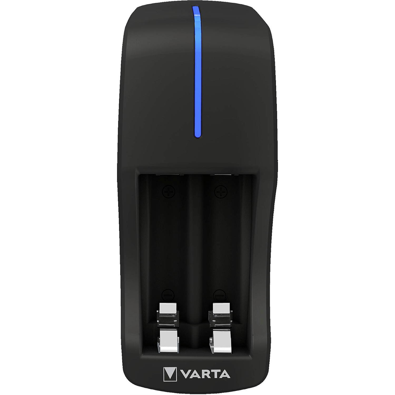 VARTA Cargador Pilas Recargables AA y AAA, Carga Hasta 2 Pilas Simultáneamente, Incluye 2 Pilas Recargables AA de 2100mAh, Sistema de Seguridad Anti sobrecarga, Tamaño Compacto Fácil de Llevar o Guardar
