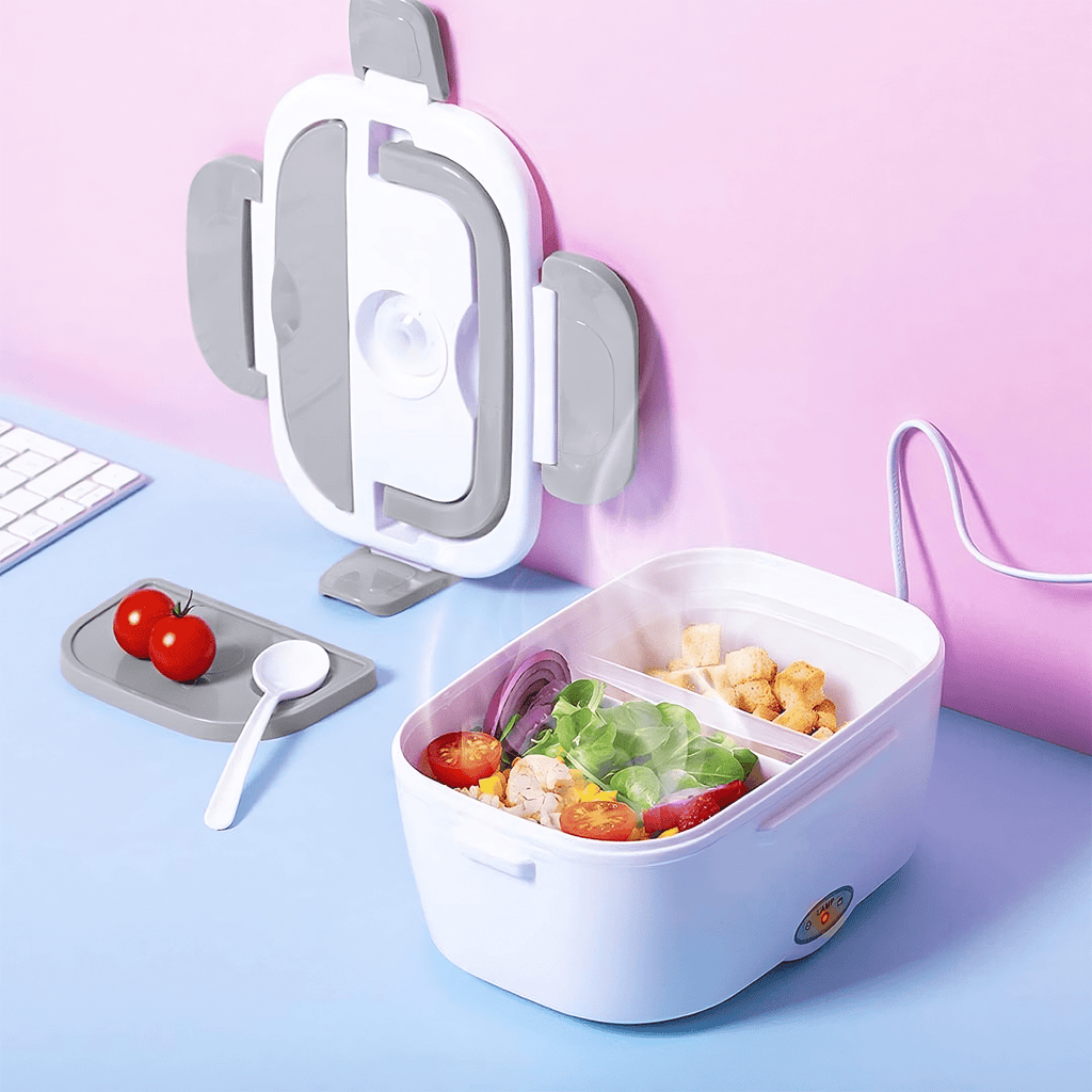 Caja Termica Portatil con 2 Compartimentos, Lonchera Electrica con Asa de Transporte, 1L de Capacidad, Calienta en Pocos Minutos, Enchufe para Casa y Coche Incluido, Espacio para Cubiertos con Cuchara Incluida, Fácil Limpieza