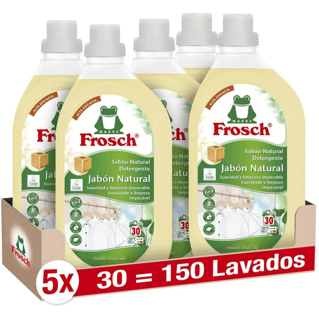 Frosch Detergente para Lavadora Líquido Concentrado, Jabón Natural para Lavadora, Ropa Limpia e Impecable en el Lavado, Apto para Todo Tipo de Tejidos menos Lana y Seda, 5 Botellas de 1.5 L, 7.5 L en Total