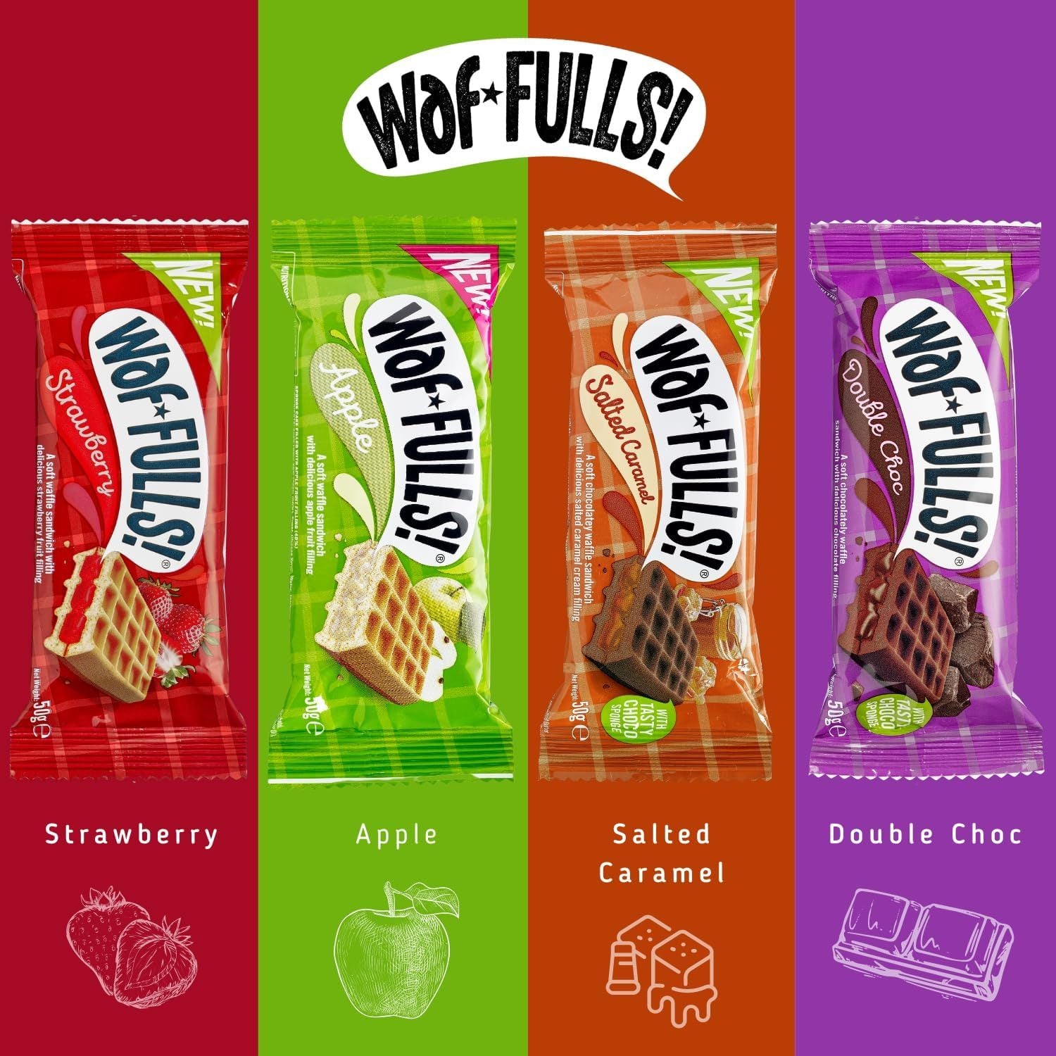 WafFULLS! Gofres de Sabores, 12 Gofres para Picoteo, Desayuno y Merienda, Barritas Esponjosas Rellenas, Gofres Envueltos Individualmente Listo para Comer, Caja con 12 Gofres