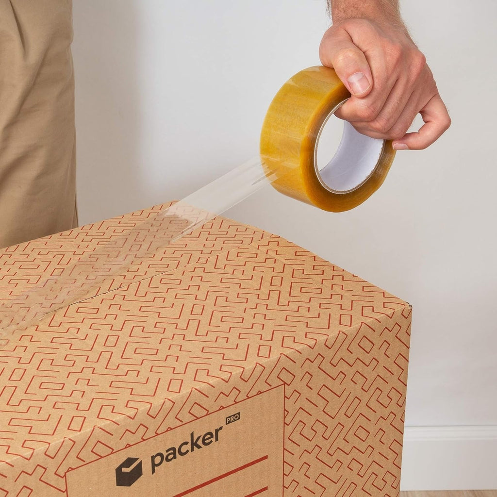 packer PRO Caja Cartón para Mudanzas y Almacenaje Ultra Resistentes con Asas, Fabricadas en Cartón Duro, Ideal para Mudanzas o Almacenaje de Libros y Ropa, Transporte Cómodo y Seguro gracias a las Asas Laterales