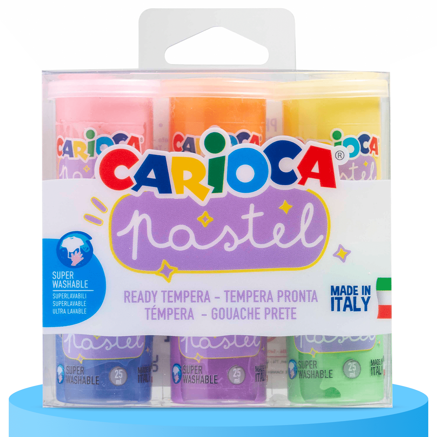 CARIOCA Temperas de Colores Pastel, 6 Colores Pastel, Listas para Usar, Lavables, Máxima Calidad de Pigmento, 6 Temperas de 25ml