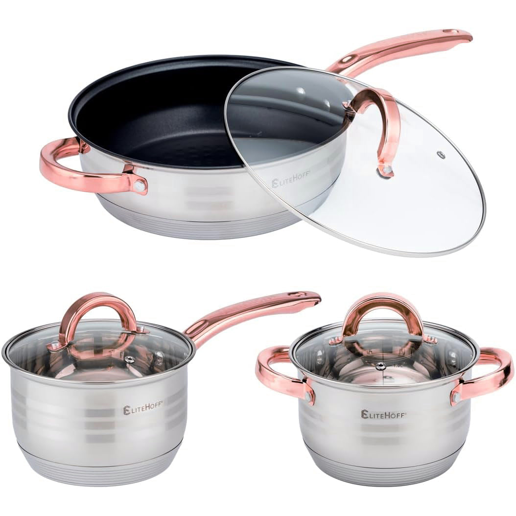 Batería de Cocina 12 Piezas, Juego de Ollas, Cazo y Sartén de Acero Inoxidable, Tapas Incluidas, Apto para Lavavajillas, Apto para Cocina Eléctrica, Gas, Vitrocerámica e Inducción