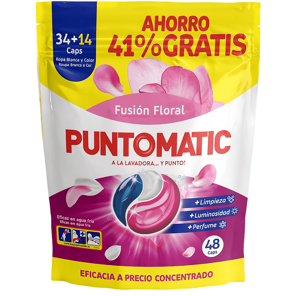 PUNTOMATIC Cápsulas Tricámara Floral, Detergente para Lavadora para Ropa Blanca y de Color, Quitamanchas, 4 Unidades, 192 Lavados en Total