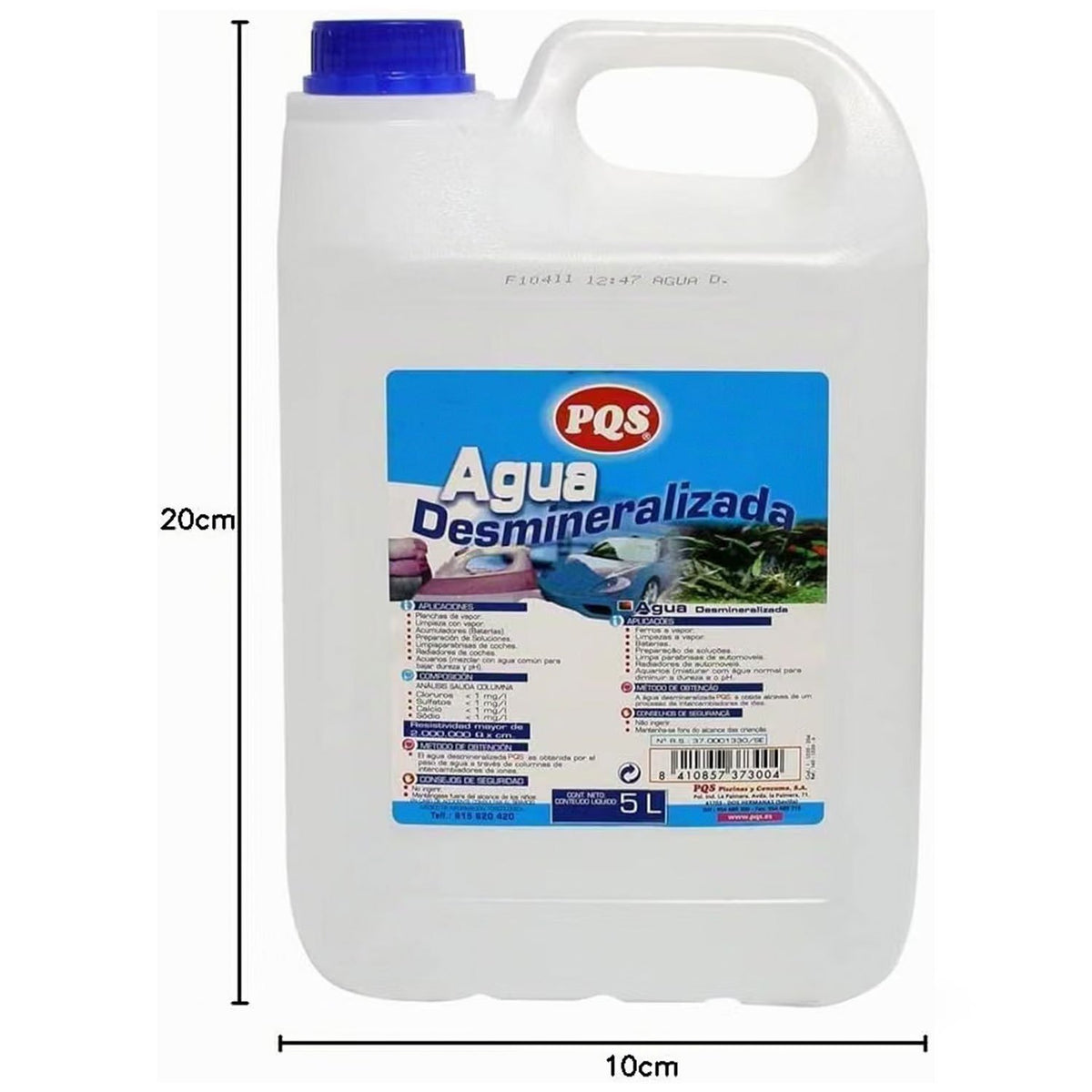 PQS Agua Desmineralizada, para Planchas de Vapor, Limpieza, Baterías, Limpiaparabrisas y Radiadores, Alta Pureza y Baja Conductividad, 5 L