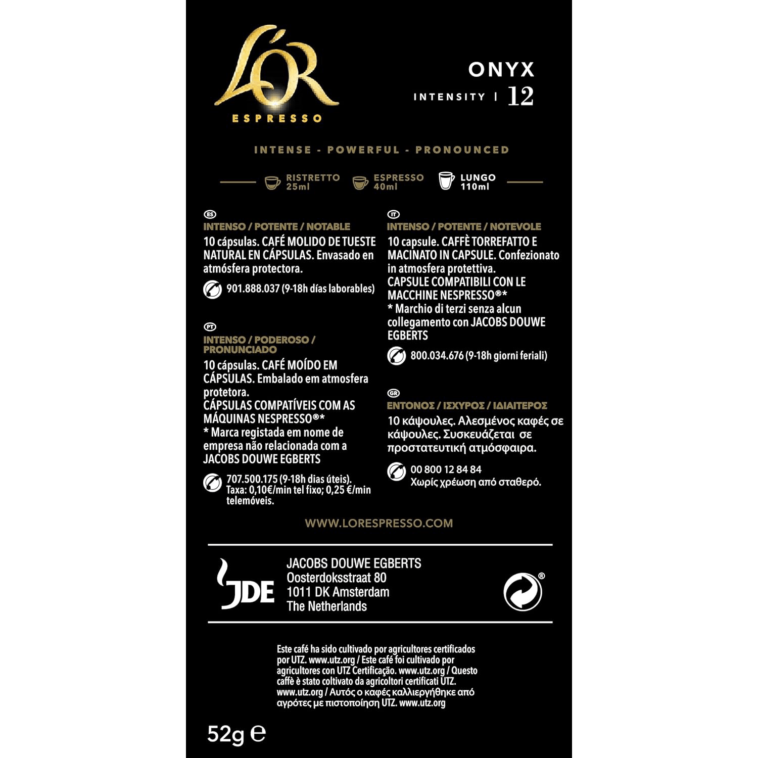L'Or Espresso Café Cápsulas Onyx, Intensidad 12, Intenso y Potente, 10/50 Cápsulas
