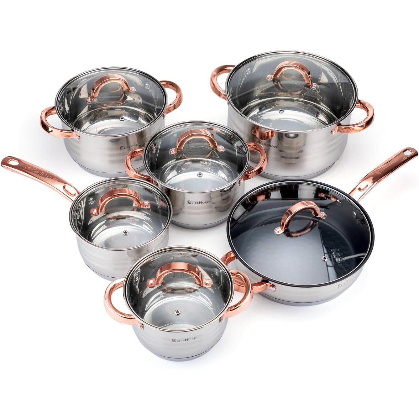 Batería de Cocina 12 Piezas, Juego de Ollas, Cazo y Sartén de Acero Inoxidable, Tapas Incluidas, Apto para Lavavajillas, Apto para Cocina Eléctrica, Gas, Vitrocerámica e Inducción