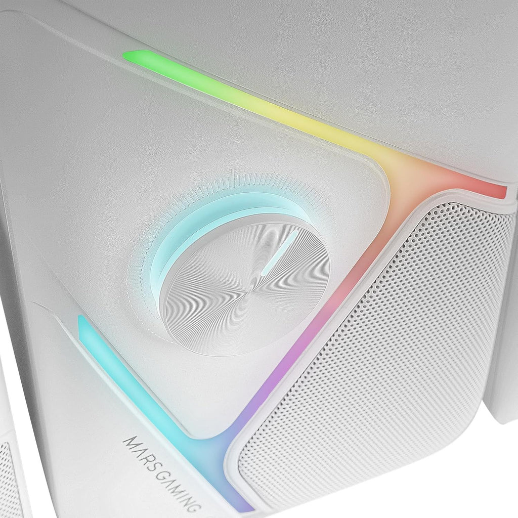Mars Gaming MS-H21, Altavoces Gaming RGB 2.1 y Subwoofer 35W, Sistema Drivers Invertidos 3D Surround, Altavoces Compactos con Iluminación Dinámica RGB, Alimentación USB y Conector Jack 3.5mm, Blanco