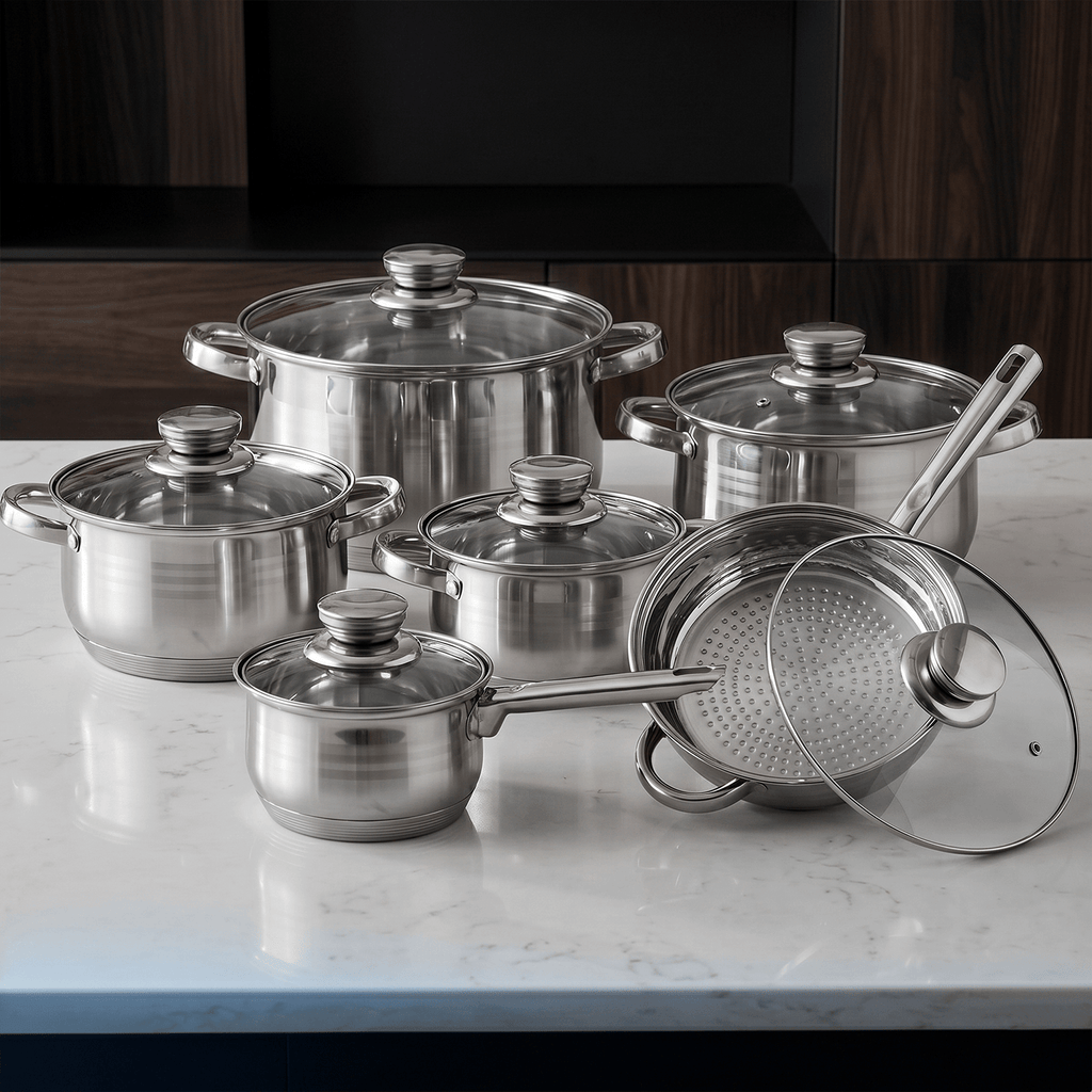 Batería de Cocina 12 Piezas, Juego de Ollas, Cazo y Sartén de Acero Inoxidable, Tapas Incluidas, Apto para Lavavajillas, Apto para Cocina Eléctrica, Gas, Vitrocerámica e Inducción