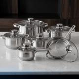 Batería de Cocina 12 Piezas, Juego de Ollas, Cazo y Sartén de Acero Inoxidable, Tapas Incluidas, Apto para Lavavajillas, Apto para Cocina Eléctrica, Gas, Vitrocerámica e Inducción