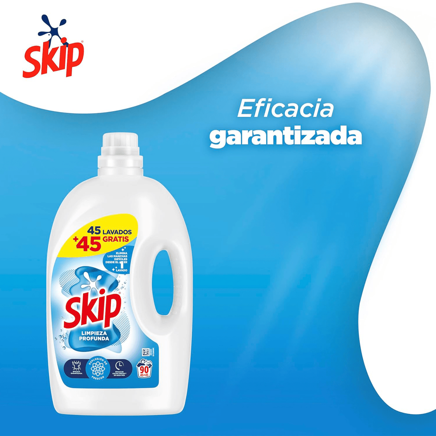 Skip Ultimate Limpieza Profunda 180 Lavados, Detergente Líquido, Elimina Manchas Difíciles Desde el 1er Lavado, Eficaz en Ciclos Cortos y Agua Fría, 4.05 Litros, 90 Lavados por Botella